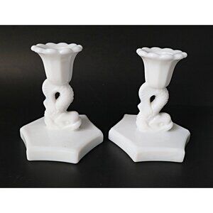 Vintage Westmoreland Milk Glass Fish Candleholders Candlesticks